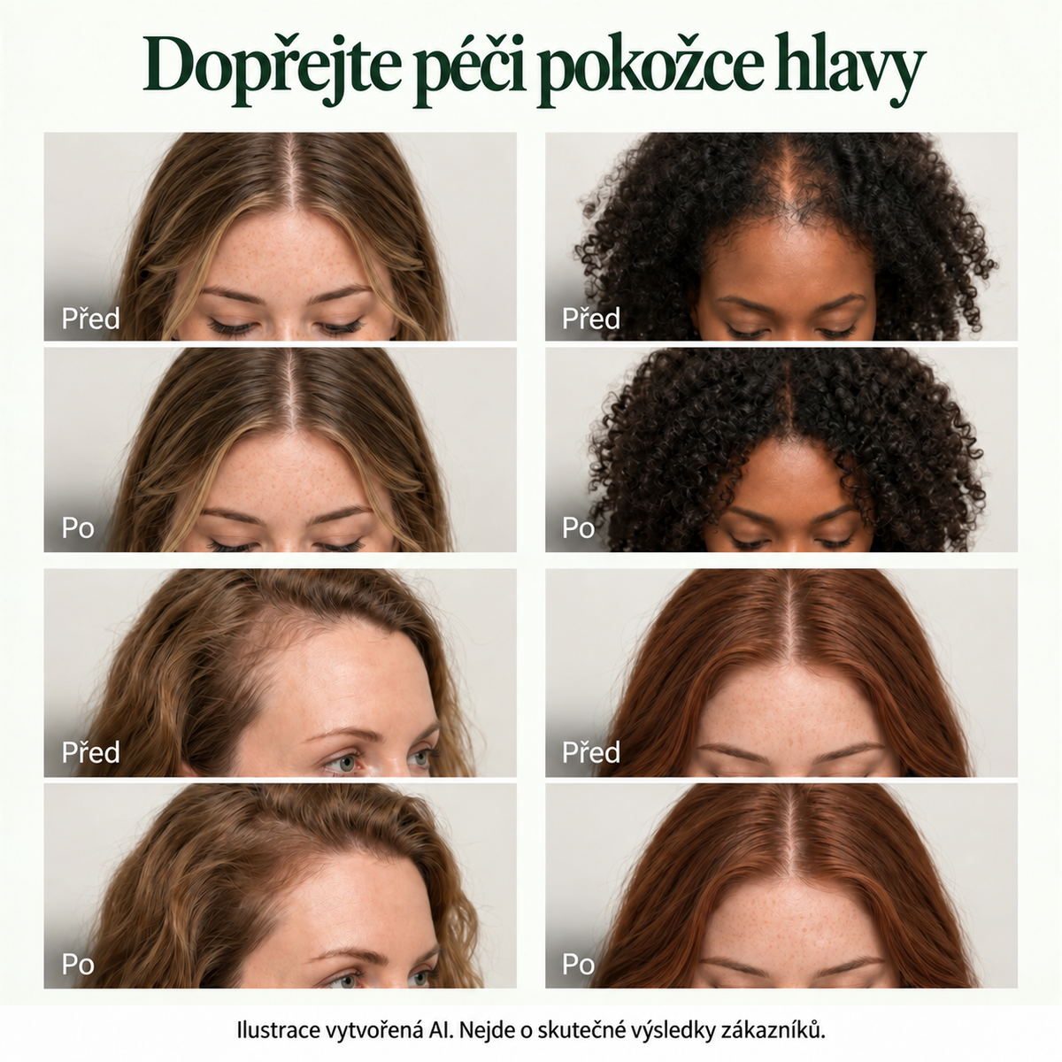 Ilustrační porovnání vlasové péče, vytvořeno AI