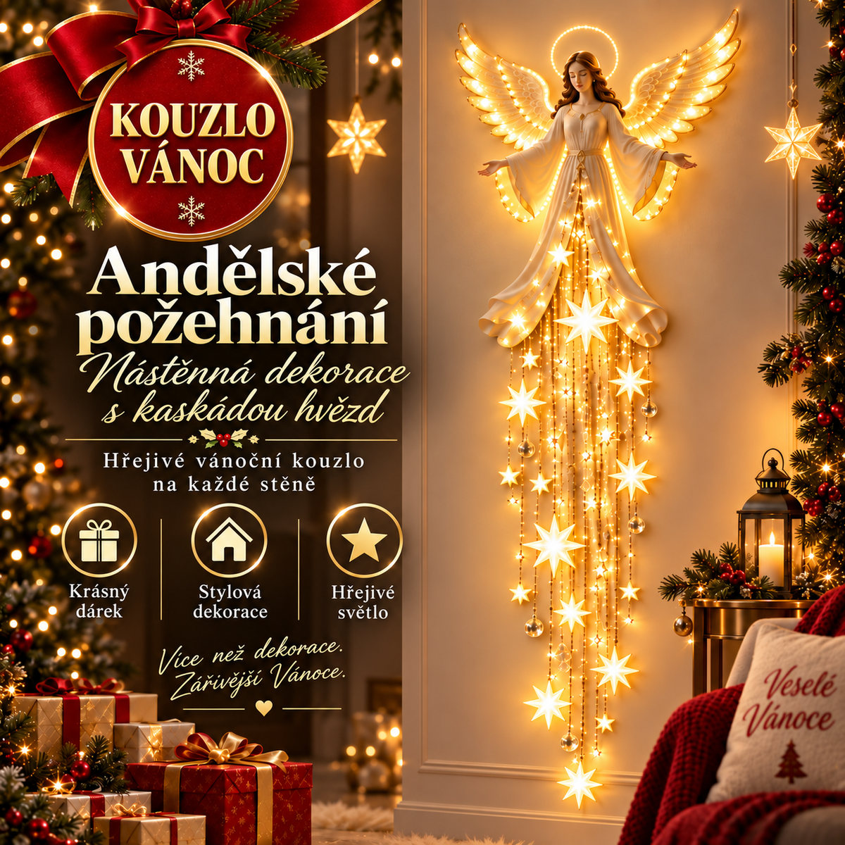 Andělské požehnání – nástěnná světelná dekorace s kaskádou hvězd